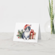 Watercolor Christmas Cat with Present