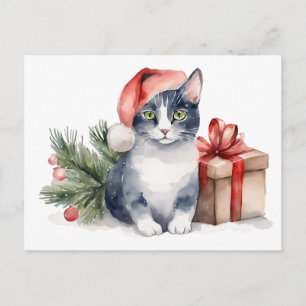 Watercolor Christmas Cat with Present Holiday Postcard