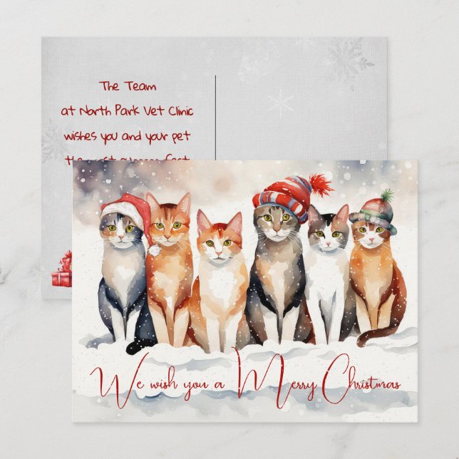Watercolor Christmas Cats From Veterinarian Clinic Holiday Postcard (Front/Back)