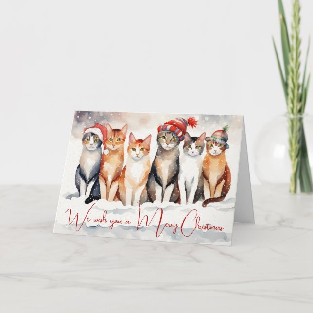 Watercolor Christmas Cats In Snowflakes Holiday Card (Front)