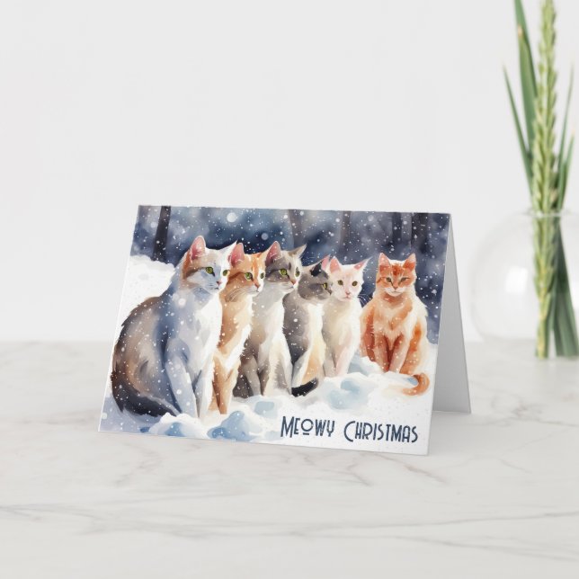 Watercolor Christmas Cats In Snowflakes Holiday Card (Front)