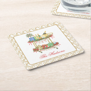 Watercolor Christmas Champagne Bar Cart Square Paper Coaster