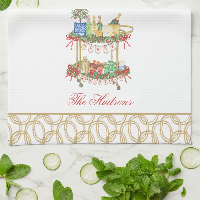 Watercolor Christmas Champagne Bar Cart Tea Towel (Folded)