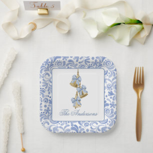 Watercolor Christmas Chinoiserie Bow Bells Paper Plate