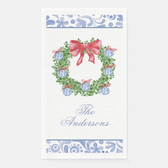 Watercolor Christmas Chinoiserie Ornament Wreath Napkin (Front)
