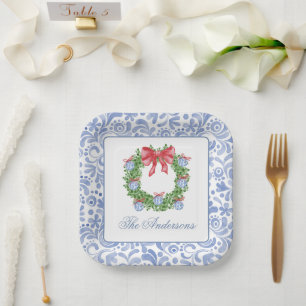 Watercolor Christmas Chinoiserie Ornament Wreath Paper Plate