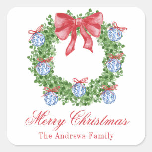 Watercolor Christmas Chinoiserie Ornament Wreath Square Sticker