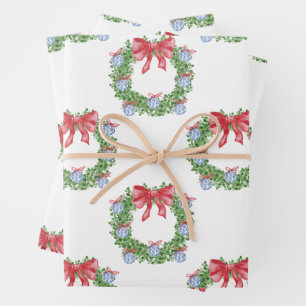 Watercolor Christmas Chinoiserie Ornament Wreath Wrapping Paper Sheet