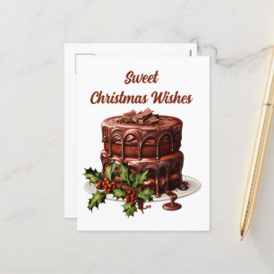 Watercolor Christmas chocolate cake add text Holiday Postcard