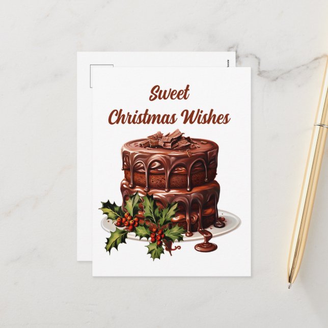 Watercolor Christmas chocolate cake add text Holiday Postcard (Front/Back In Situ)