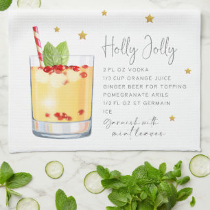 Watercolor Christmas Cocktail Holly Jolly Recipe Tea Towel