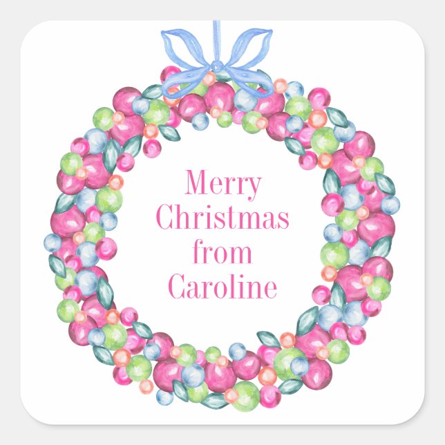 Watercolor Christmas Colourful Baubles Wreath Square Sticker (Front)