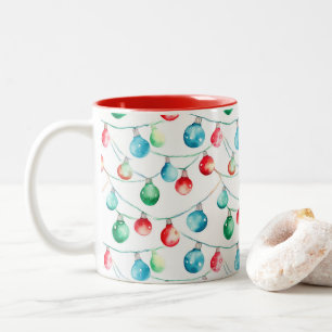 Watercolor Christmas Colourful String Lights Two-Tone Coffee Mug