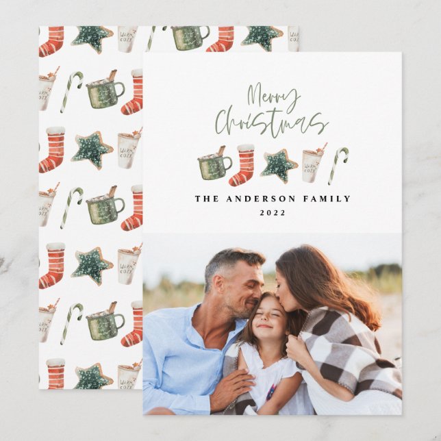 Watercolor Christmas cookie 1 photo candy cane Holiday Card (Front/Back)