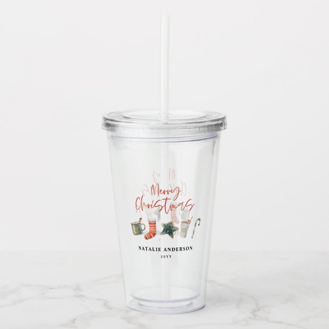 Watercolor Christmas cookie drinks candy cane  Acrylic Tumbler (Front)