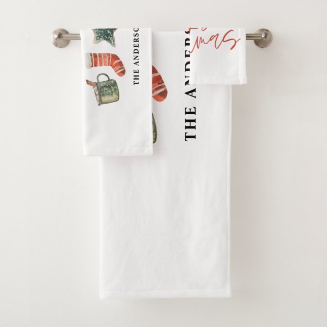 Watercolor Christmas cookie drinks candy cane  Bath Towel Set (Insitu)