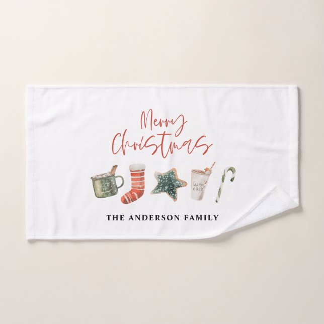 Watercolor Christmas cookie drinks candy cane Hand Towel (Hand Towel)