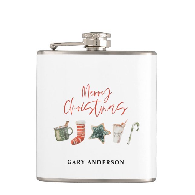 Watercolor Christmas cookie drinks candy cane Hip Flask (Front)