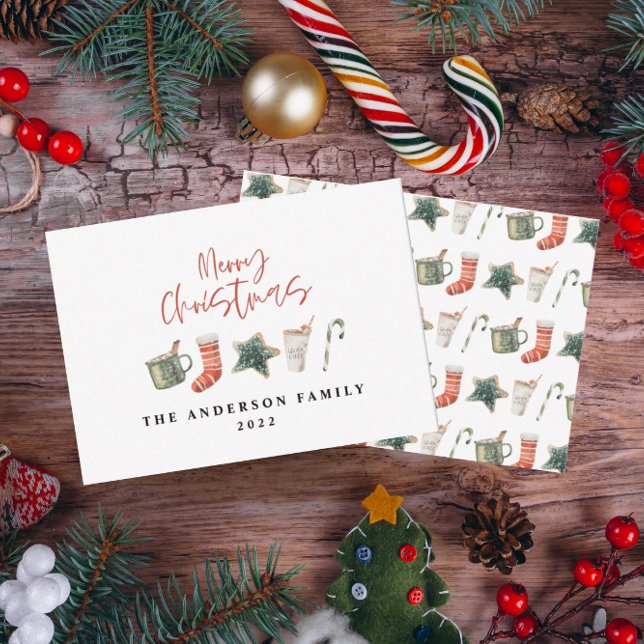 Watercolor Christmas cookie drinks candy cane Holiday Card (Creator Uploaded)