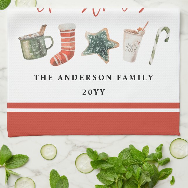 Watercolor Christmas cookie drinks candy cane  Kit Tea Towel (Folded)