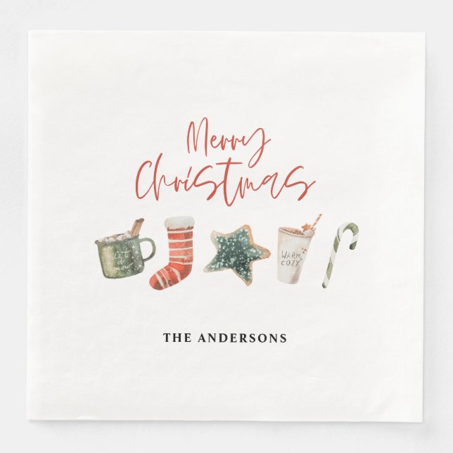 Watercolor Christmas cookie drinks candy cane  Napkin (Front)