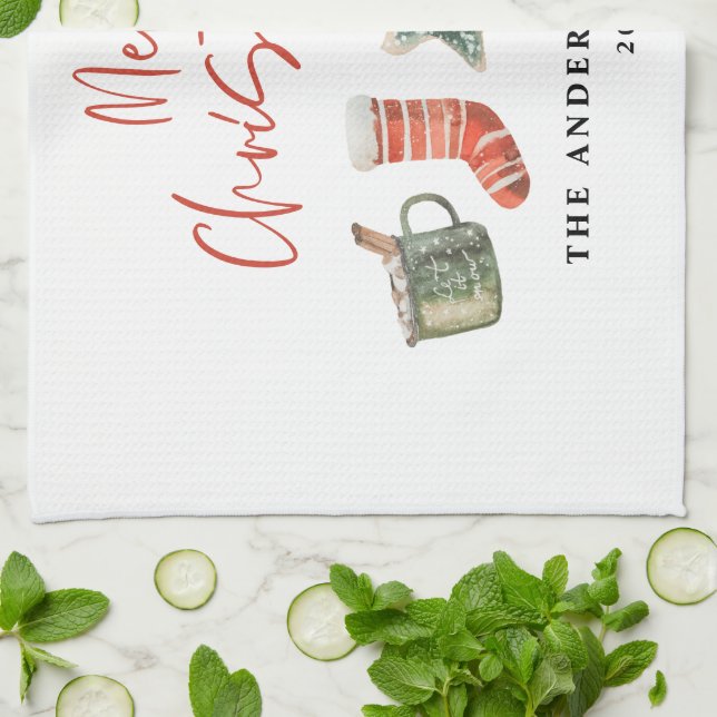 Watercolor Christmas cookie drinks candy cane  Tea Towel (Folded)