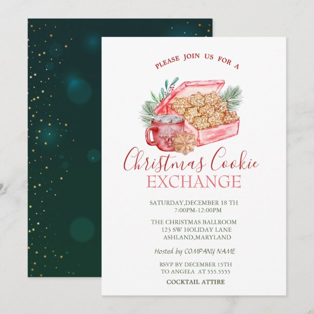 Watercolor Christmas Cookie Stars Green Christmas Invitation (Front/Back)