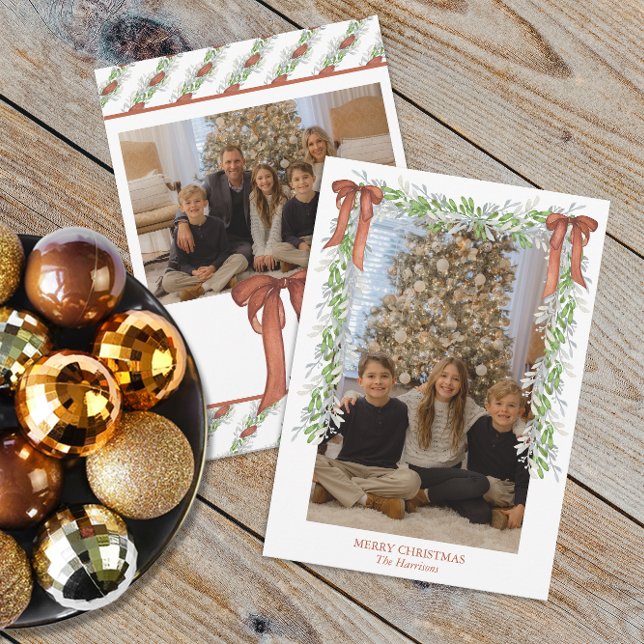Watercolor Christmas Copper Bow Garland Holiday Card (Watercolor Copper Christmas Bow Garland)