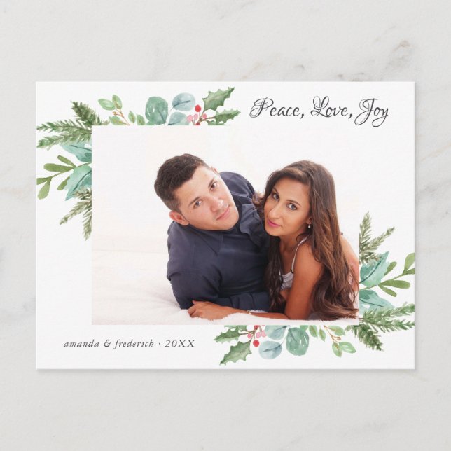 Watercolor Christmas Couple's Greeting Photo Announcement Postcard (Front)