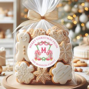 Watercolor Christmas Cowboy Boots Monogram Crest Classic Round Sticker