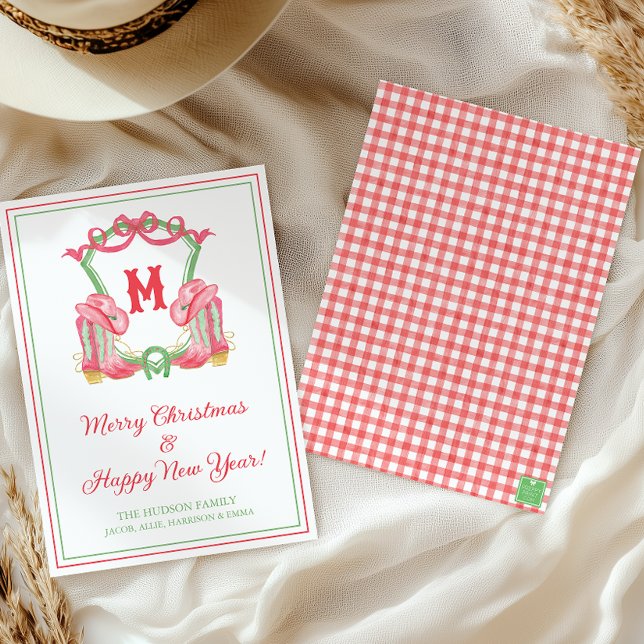 Watercolor Christmas Cowboy Boots Monogram Crest Holiday Card (Creator Uploaded)