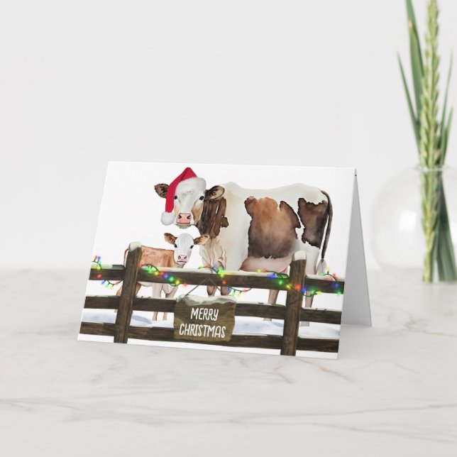 Watercolor Christmas Cows With Santa Hat Holiday Card (Front)