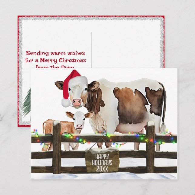 Watercolor Christmas Cows With Santa Hat Holiday Postcard (Front/Back)
