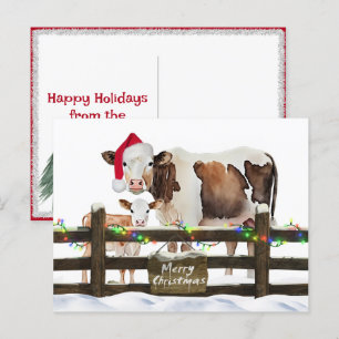 Watercolor Christmas Cows With Santa Hat Holiday Postcard