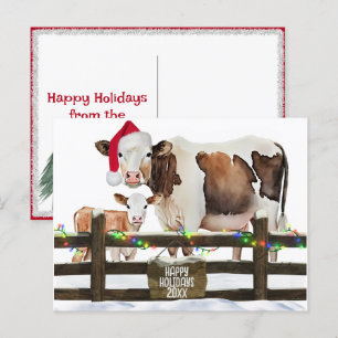 Watercolor Christmas Cows With Santa Hat Holiday Postcard