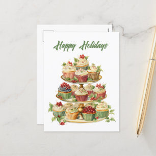 Watercolor Christmas cupcake add text Holiday Postcard