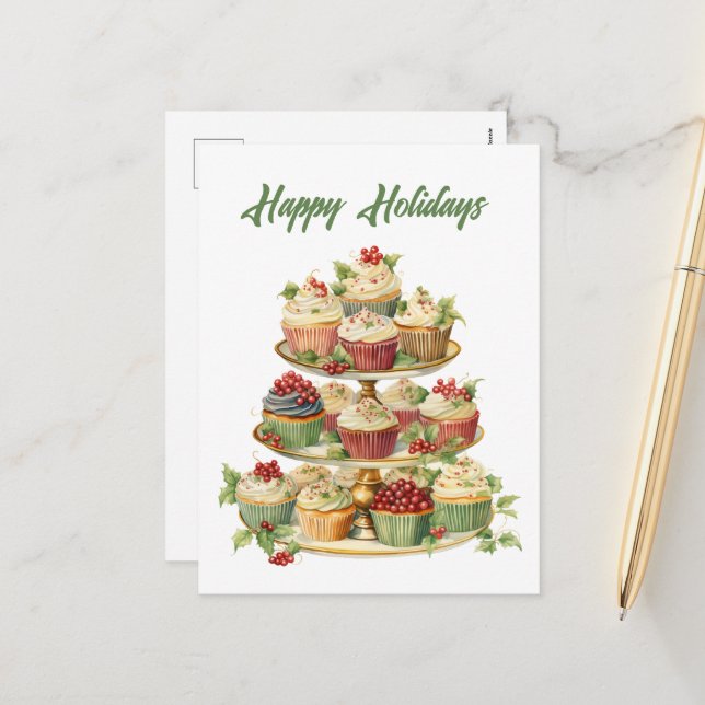 Watercolor Christmas cupcake add text  Holiday Postcard (Front/Back In Situ)