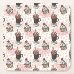 Watercolor christmas cupcake hand drawn square paper coaster