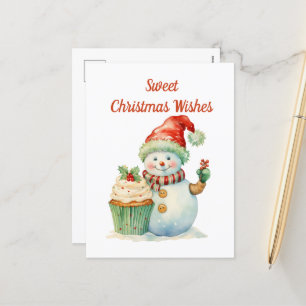 Watercolor Christmas cupcake snowman add text Holiday Postcard