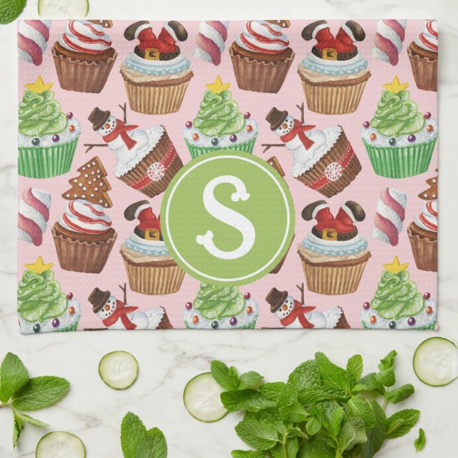 Watercolor Christmas Cupcakes Monogram Tea Towel (Folded)
