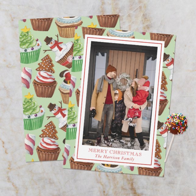 Watercolor Christmas Cupcakes Photo Holiday Card (Creator Uploaded)