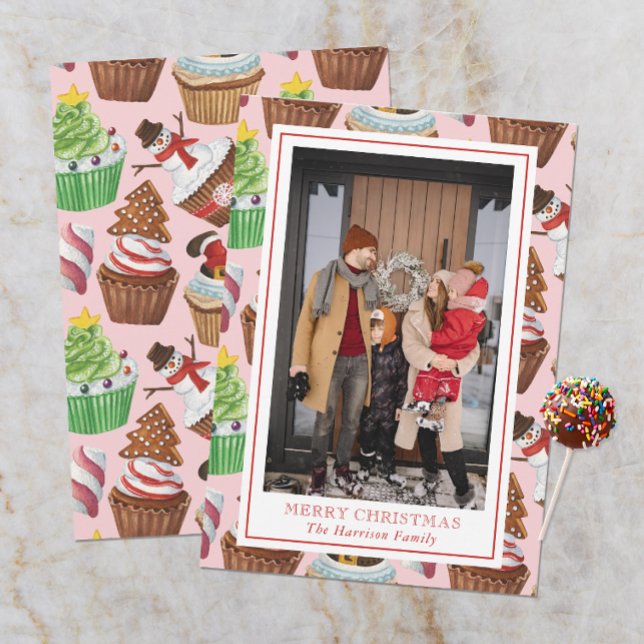 Watercolor Christmas Cupcakes Photo Holiday Card (Creator Uploaded)