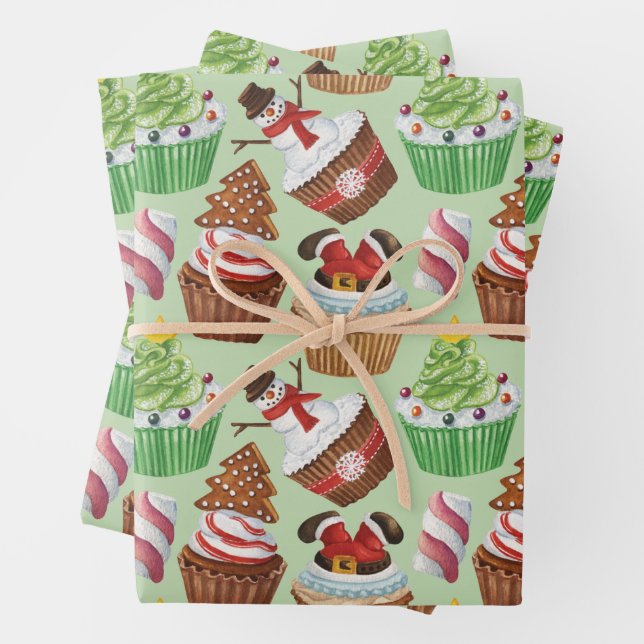 Watercolor Christmas Cupcakes Wrapping Paper Sheet (In situ)