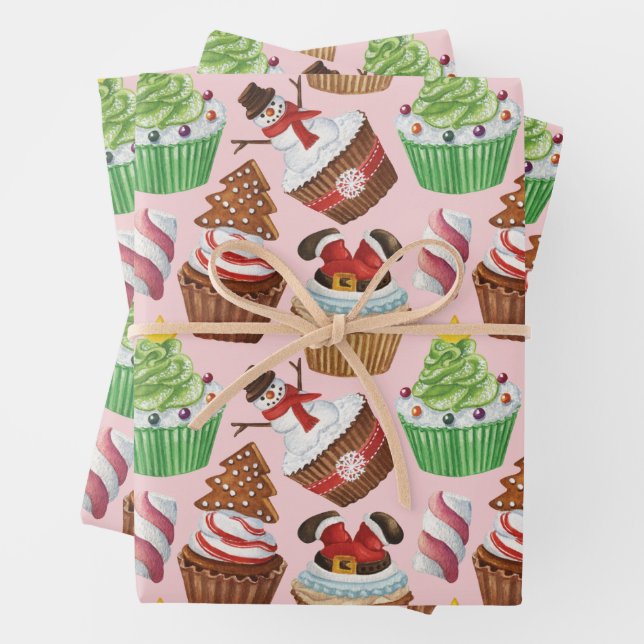Watercolor Christmas Cupcakes Wrapping Paper Sheet (In situ)