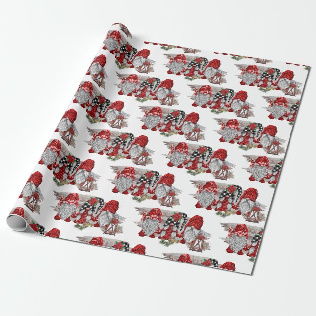 Watercolor Christmas Cute Gnomes Holiday Wrapping Paper (Unrolled)