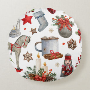 Watercolor christmas decoration pattern round cushion
