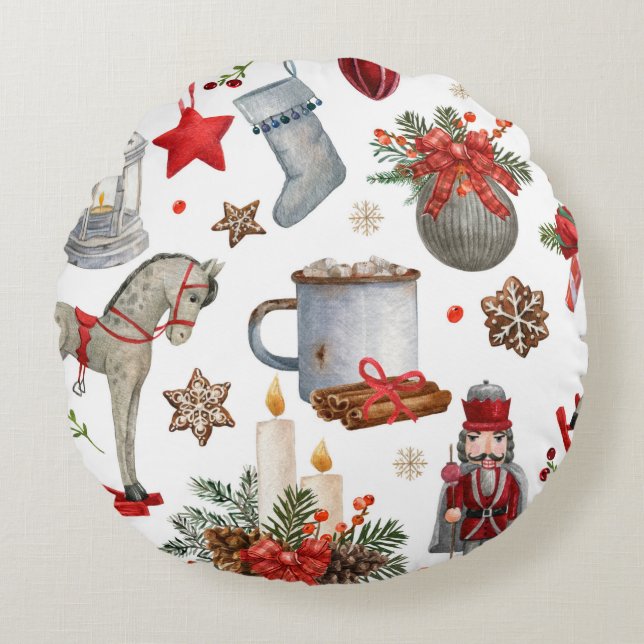 Watercolor christmas decoration pattern round cushion (Front)