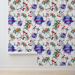 Watercolor Christmas Decorations Blue Red Wallpaper
