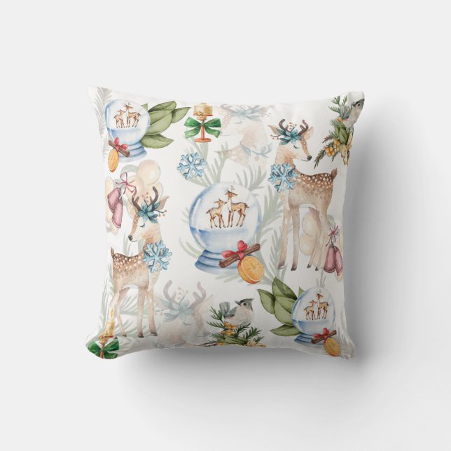 Watercolor Christmas Deer and Winter Bird Cushion (Front)