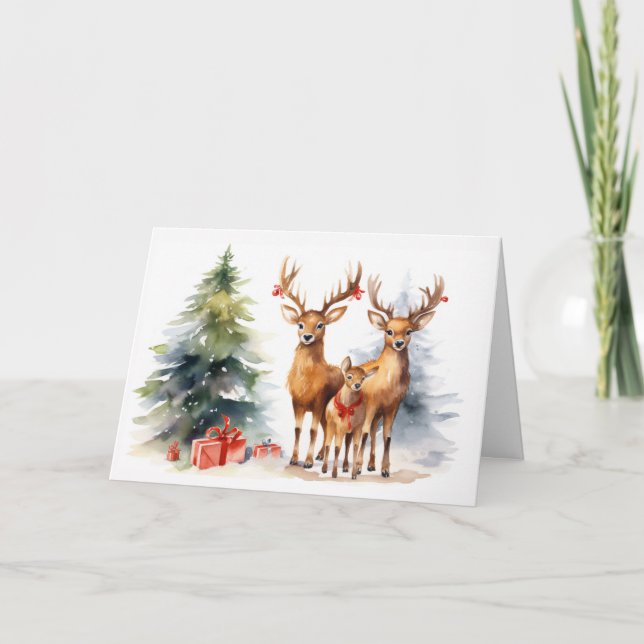 Watercolor Christmas Deer Family Holiday Card (Front)